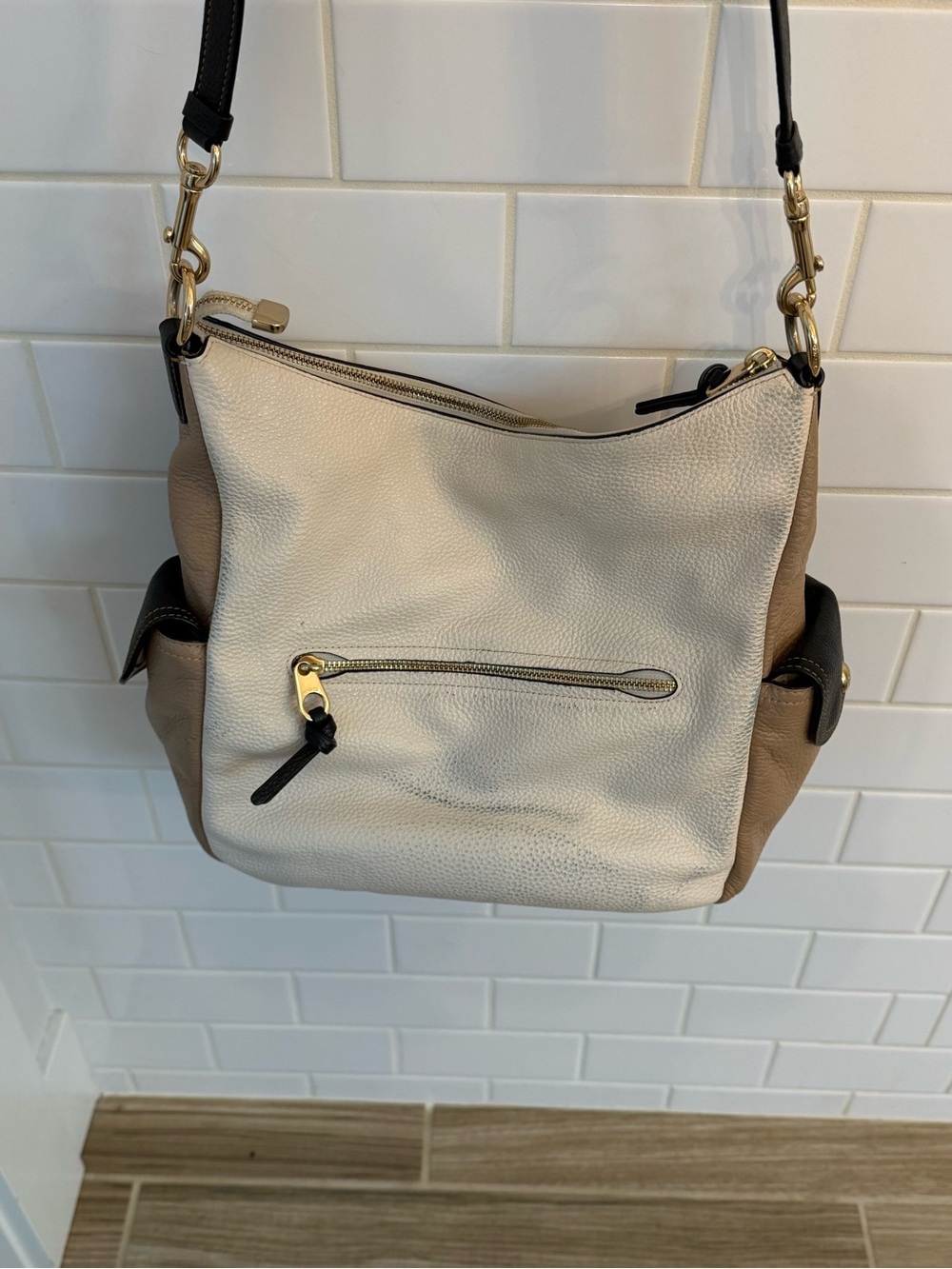 Coach Two-Tone Pebbled Leather Shoulder Bag in Cream, Tan & Black - Picture 7 of 7